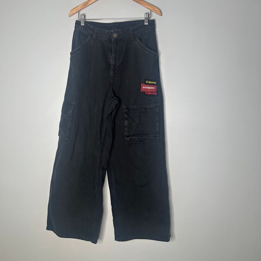 Les Benjamins Wide Leg Patchwork Denim Cargo Pants Black